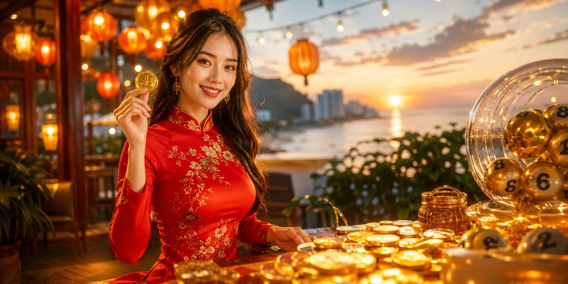 Phụ nữ mặc áo dài bên vé xổ số tại phố cổ Hội An